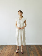 Ruffled Linen Midi Dress with Sleeveless Cut and Soft Tailored Waist for Feminine Ease