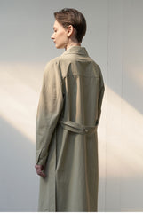 Linen Belted Trench Midi Dress with Button Front and Shoulder Pleats for Refined Fit