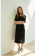 Double-Breasted Linen Midi Dress with Short Sleeves and Waist Tie for Modern Sophisticated Look
