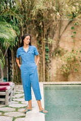 Linen Utility Jumpsuit with Short Sleeves Front Pockets and Tailored Waist