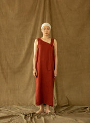 Asymmetrical One-Shoulder Midi Dress in Pure Linen with Draped Strap Detail