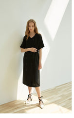Double-Breasted Linen Midi Dress with Short Sleeves and Waist Tie for Modern Sophisticated Look