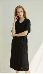 Double-Breasted Linen Midi Dress with Short Sleeves and Waist Tie for Modern Sophisticated Look