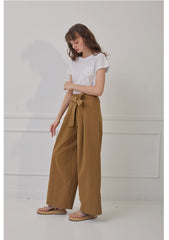 High-Waisted Wide-Leg Linen Pants with Front Tie Waist and Tailored Back Seaming
