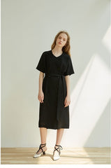 Double-Breasted Linen Midi Dress with Short Sleeves and Waist Tie for Modern Sophisticated Look