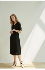 Double-Breasted Linen Midi Dress with Short Sleeves and Waist Tie for Modern Sophisticated Look