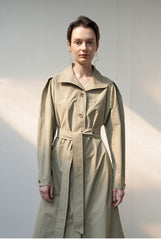 Linen Belted Trench Midi Dress with Button Front and Shoulder Pleats for Refined Fit