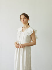 Ruffled Linen Midi Dress with Sleeveless Cut and Soft Tailored Waist for Feminine Ease
