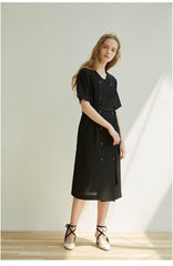 Double-Breasted Linen Midi Dress with Short Sleeves and Waist Tie for Modern Sophisticated Look