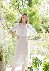 Elegant Linen Blouse with Embroidered Collar and Puff Sleeves for Timeless Feminine Style