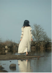 Laura Linen Cotton Square Neck Marie Sleeve Maxi Shirt Dress