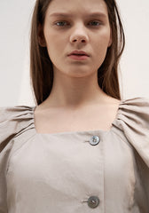 Square Neck Linen Midi Dress with Puff Sleeves and Button-Front A-Line Silhouette