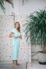 Linen Wrap Midi Dress with Side Tie, Kimono Sleeves, and V-Neckline