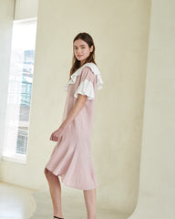 Ruffle Collar Linen Dress with Flounced Hem and Layered Sleeves for Elegant Summer Style