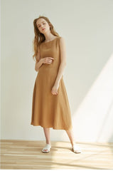 Elegant Sleeveless Midi Dress for Women Made with Premium Linen and Back Lace-Up Detail