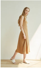 Elegant Sleeveless Midi Dress for Women Made with Premium Linen and Back Lace-Up Detail