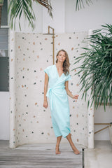 Linen Wrap Midi Dress with Side Tie, Kimono Sleeves, and V-Neckline