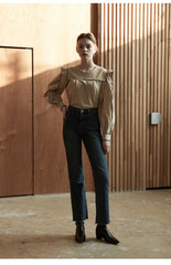 Linen Blouse with Contrast Piping and Structured Sleeves – Women’s Vintage-Inspired Top