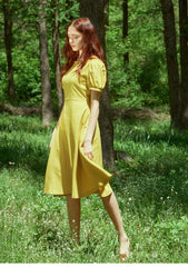 Puff Sleeve Midi A-Line Linen Dress With Flared Hem