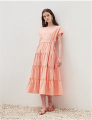 Tiered Cotton Poplin Midi Dress with Belt and Cap Sleeves – Lightweight Feminine Silhouette