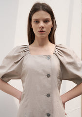 Square Neck Linen Midi Dress with Puff Sleeves and Button-Front A-Line Silhouette