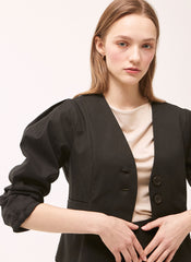Tailored Linen Blazer With Structured Puff Sleeves And Button Closure For Modern Elegance