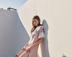 Ruffle Collar Linen Dress with Flounced Hem and Layered Sleeves for Elegant Summer Style