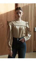 Linen Blouse with Contrast Piping and Structured Sleeves – Women’s Vintage-Inspired Top