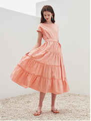 Tiered Cotton Poplin Midi Dress with Belt and Cap Sleeves – Lightweight Feminine Silhouette