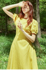 Puff Sleeve Midi A-Line Linen Dress With Flared Hem