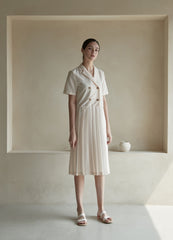 Short Sleeve Double-Breasted Linen Dress with Pleated Midi Skirt and Notch Lapel Collar