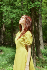 Puff Sleeve Midi A-Line Linen Dress With Flared Hem