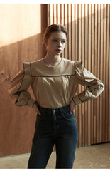 Linen Blouse with Contrast Piping and Structured Sleeves – Women’s Vintage-Inspired Top
