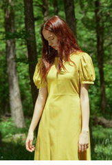 Puff Sleeve Midi A-Line Linen Dress With Flared Hem