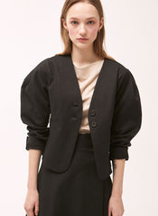 Tailored Linen Blazer With Structured Puff Sleeves And Button Closure For Modern Elegance