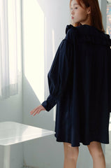 Elegant Puff Sleeve Linen Mini Dress with Ruffle Collar