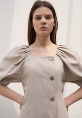 Square Neck Linen Midi Dress with Puff Sleeves and Button-Front A-Line Silhouette