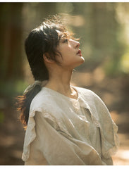 Vestido largo con mangas de obispo y cuello capa puritano de lino y algodón de Judith