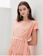Tiered Cotton Poplin Midi Dress with Belt and Cap Sleeves – Lightweight Feminine Silhouette