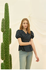 Tailored Linen Wrap Blouse with Puff Sleeves and Side Tie for Feminine Structured Fit