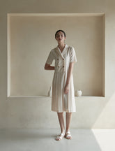 Short Sleeve Double-Breasted Linen Dress with Pleated Midi Skirt and Notch Lapel Collar