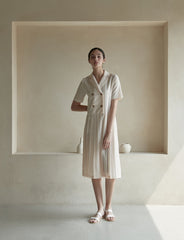Short Sleeve Double-Breasted Linen Dress with Pleated Midi Skirt and Notch Lapel Collar