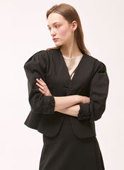 Tailored Linen Blazer With Structured Puff Sleeves And Button Closure For Modern Elegance