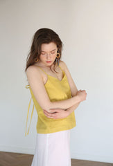 Spaghetti Strap Linen Top with Tie Back Detail