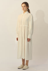 Long Sleeve Cotton Poplin Shirt Dress with Button-Down Front and Gathered Waist Detail