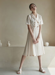 Short Sleeve Double-Breasted Linen Dress with Pleated Midi Skirt and Notch Lapel Collar