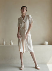 Short Sleeve Double-Breasted Linen Dress with Pleated Midi Skirt and Notch Lapel Collar