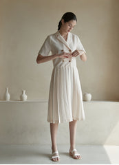 Short Sleeve Double-Breasted Linen Dress with Pleated Midi Skirt and Notch Lapel Collar