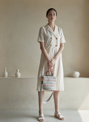 Short Sleeve Double-Breasted Linen Dress with Pleated Midi Skirt and Notch Lapel Collar