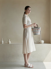 Short Sleeve Double-Breasted Linen Dress with Pleated Midi Skirt and Notch Lapel Collar